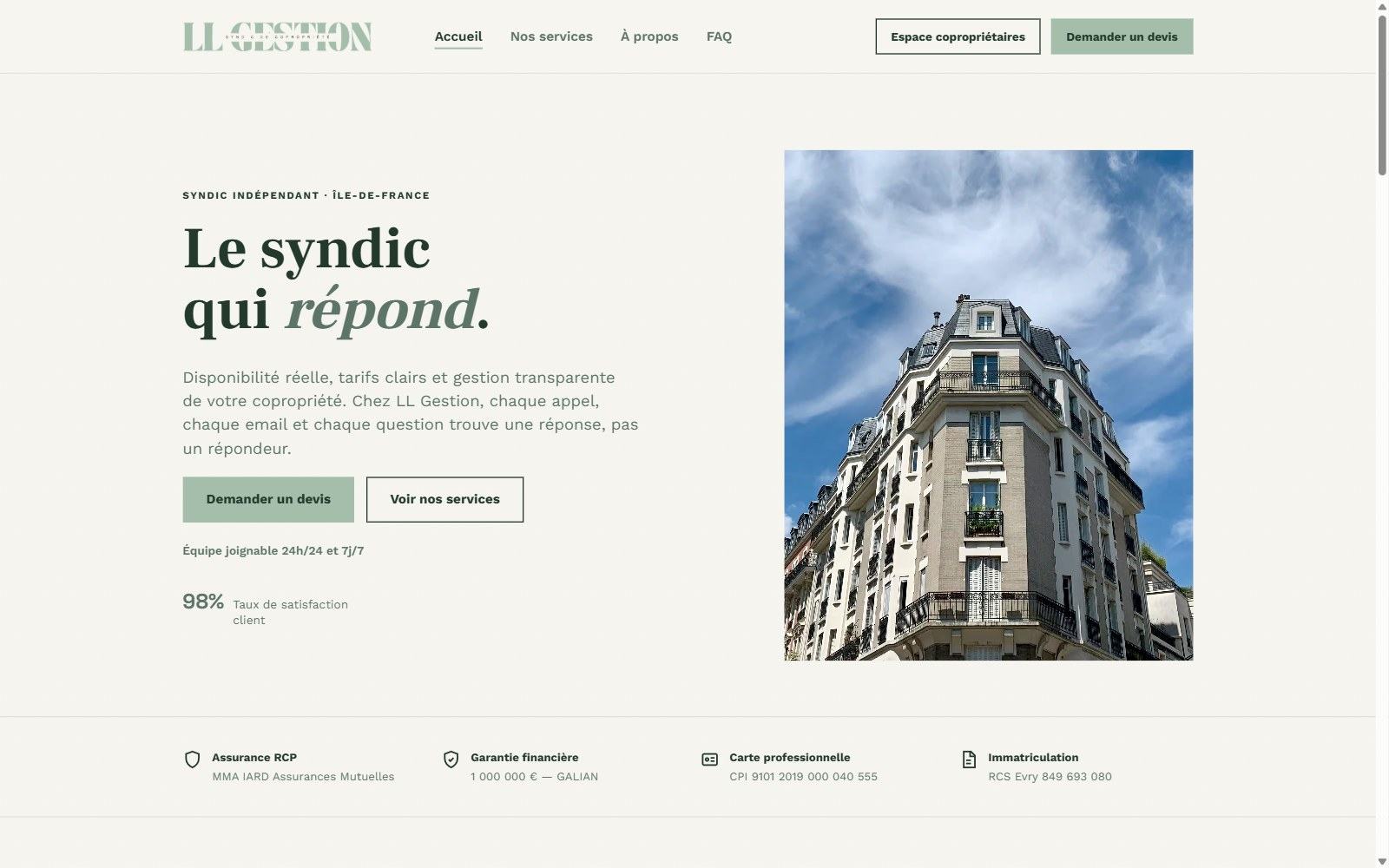 Page d’accueil du site LL Gestion
